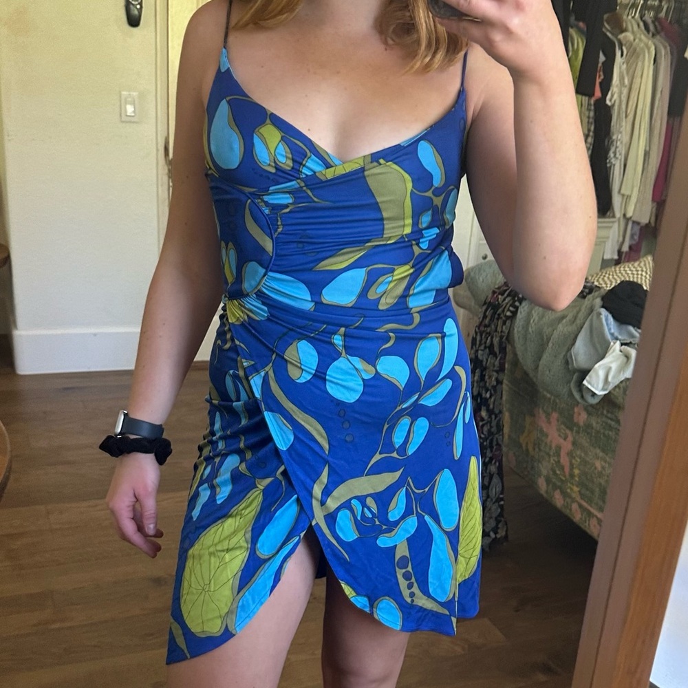 Mara Hoffman Vintage Blue Green Printed Mini Ruched Dress